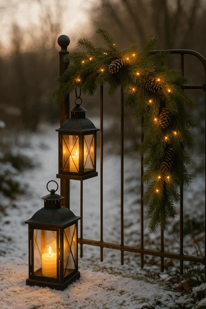 Winterdeko für das Gartentor - 3 Ideen, die wirklich wirken Helle Winterdeko am Gartentor mit Laternen, Tannenzweigen und warmen Lichtern im Schnee