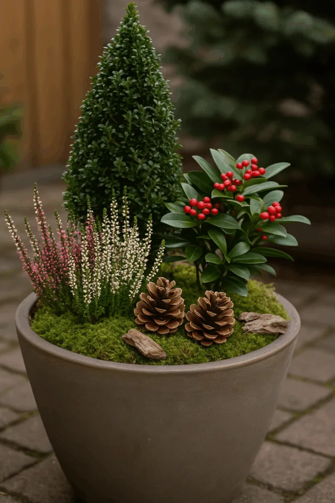 Winterdeko mit Buchsbaum, Skimmie und Heide im Pflanztopf für kleine Gärten