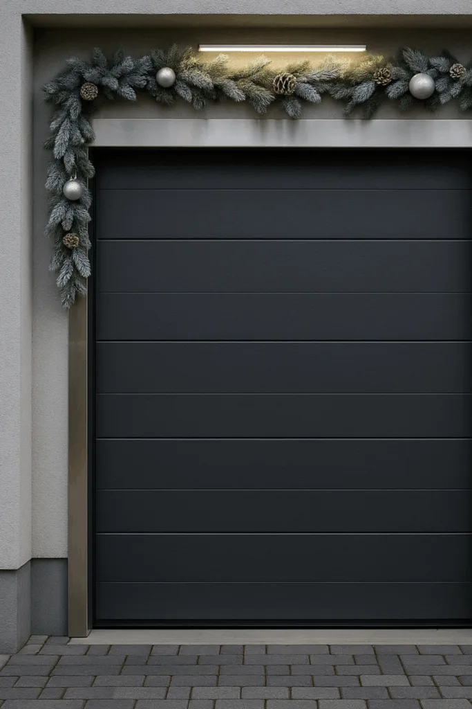 Modernes Garagentor mit silberner Winterdeko und LED-Beleuchtung im Frost-Look