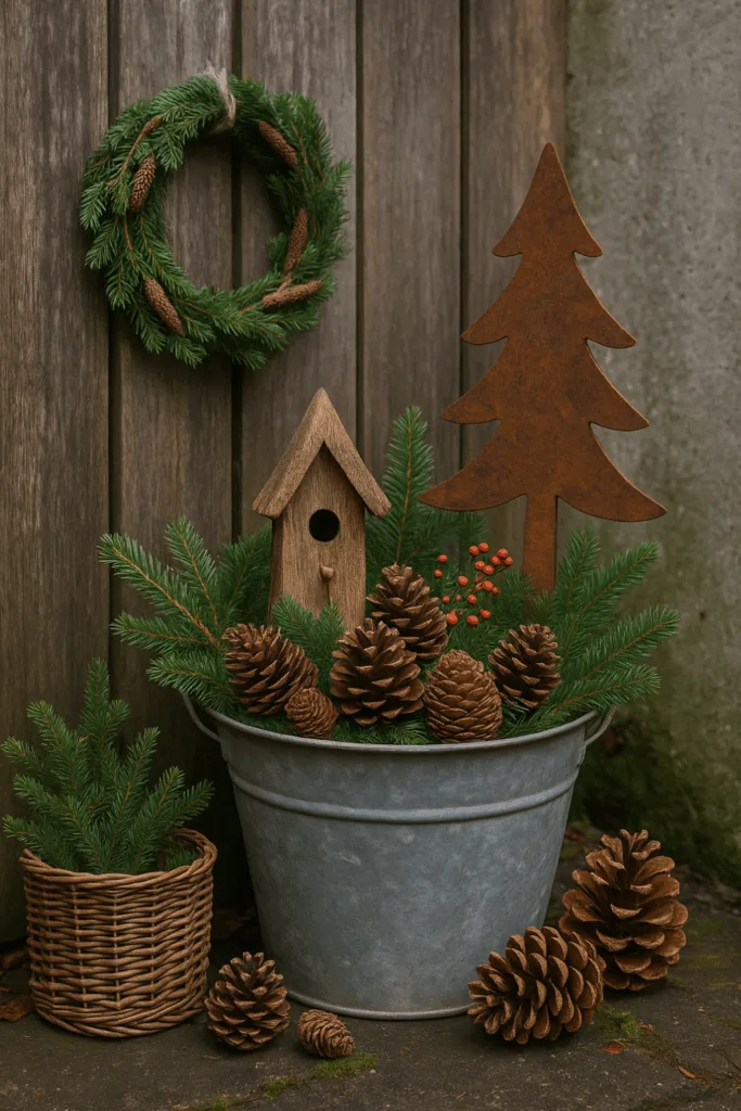 Winterdeko für kleine Gärten mit Zinkwanne, Zapfen, Tannengrün und Holzfigur