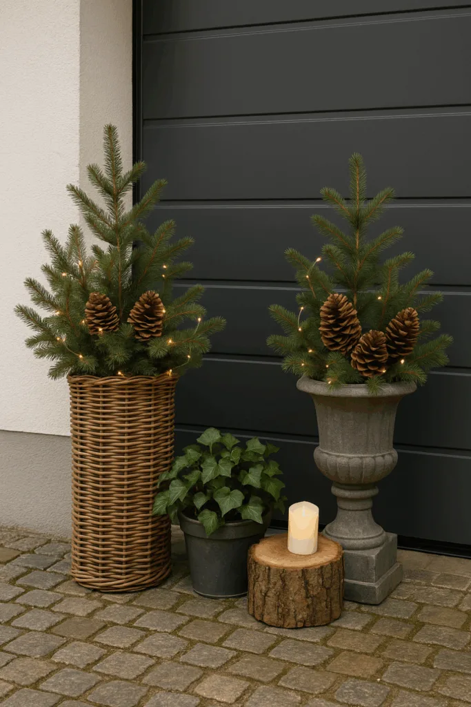 Winterdeko am Garagentor mit Körben, Tannenzweigen, Zapfen und Kerze