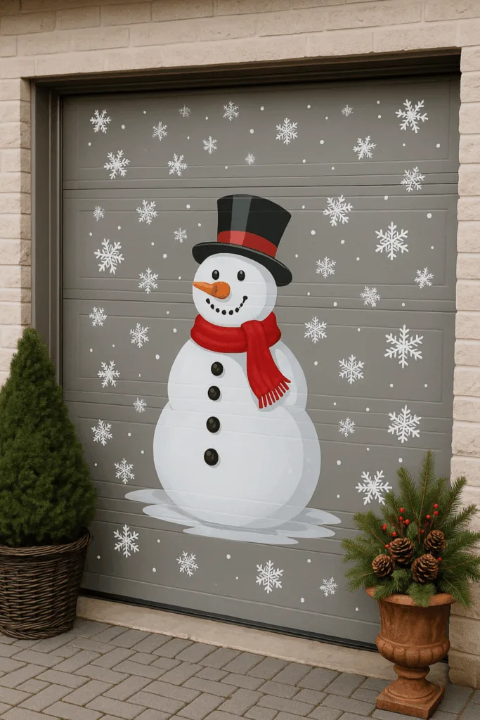 Garagentor mit Schneemann-Aufkleber, Schneeornamenten und Winterdeko aus Tannenzweigen
