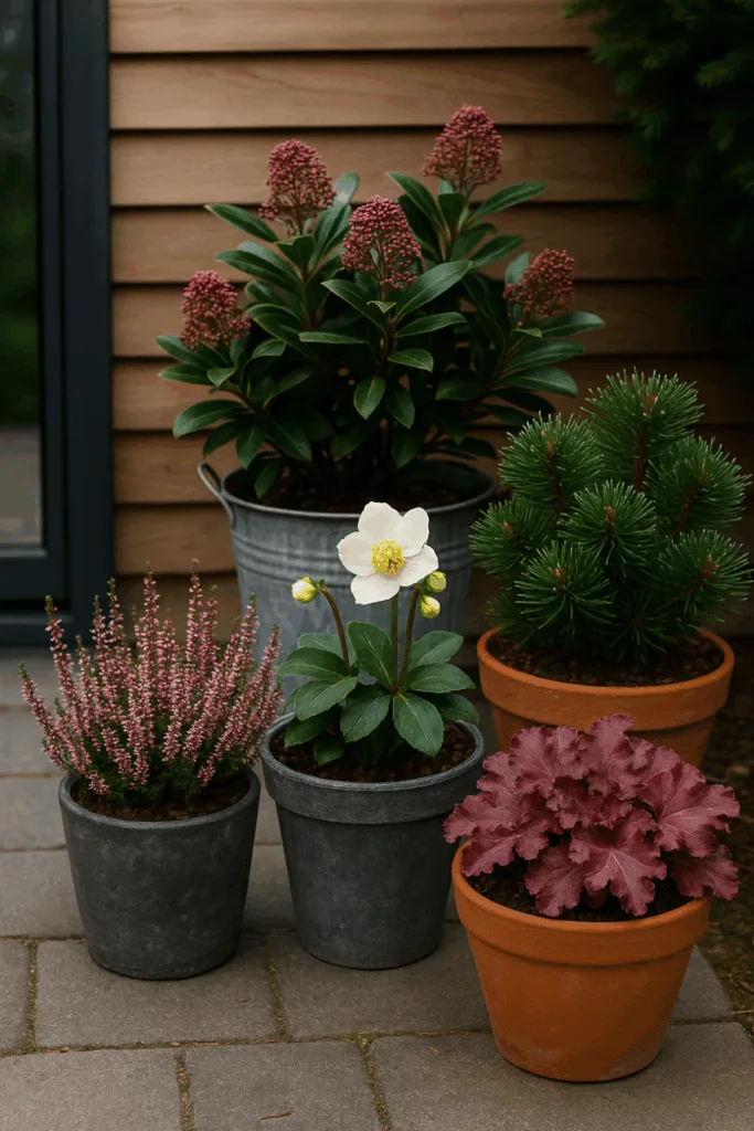 Winterdeko für die Terrasse mit Skimmie, Christrose, Zwergkiefer und Heidekraut in Pflanzkübeln