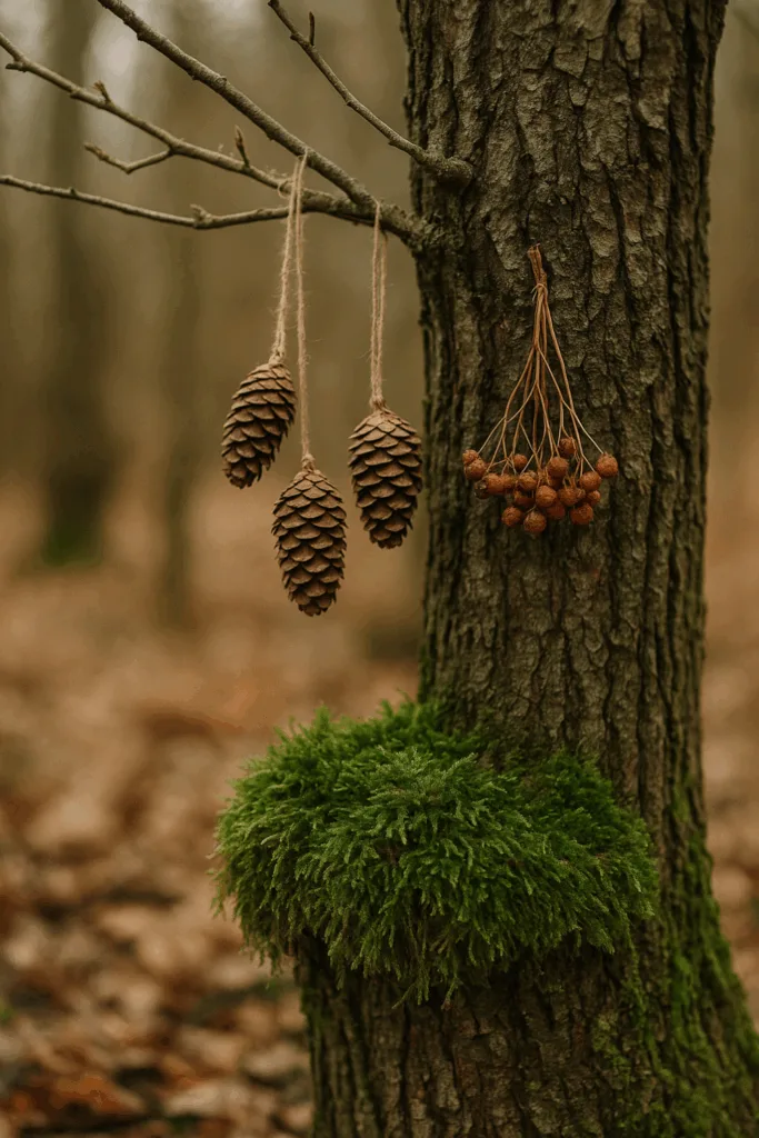 Winterdeko für Bäume und Sträucher - 6 Ideen, die deinen Garten lebendig halten Baum mit Moos, Zapfen und Beeren als Winterdeko für Sträucher
