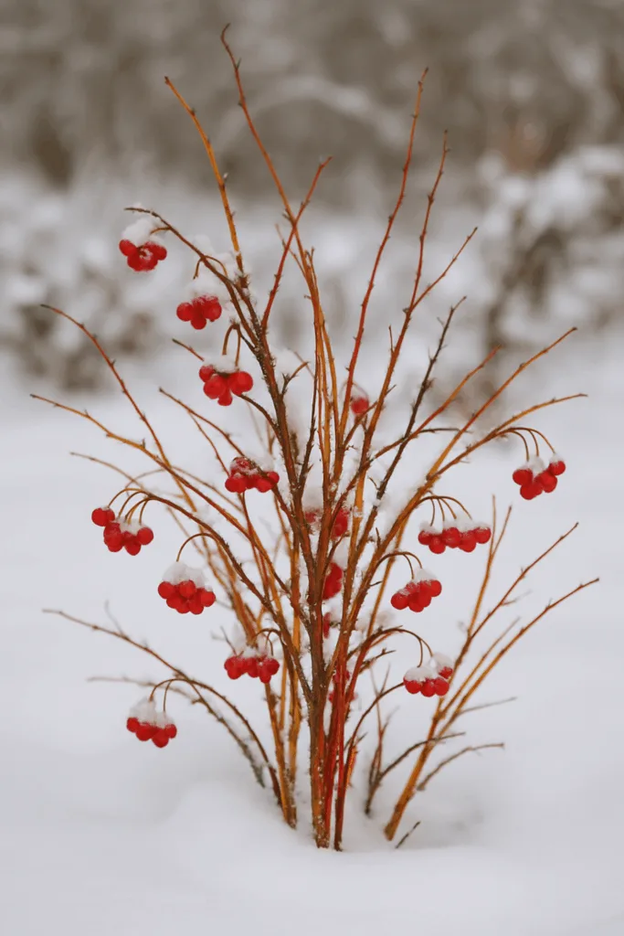 Winterdeko für Bäume und Sträucher - 6 Ideen, die deinen Garten lebendig halten Winterdeko für Sträucher mit roten Beeren und farbiger Rinde im Schnee