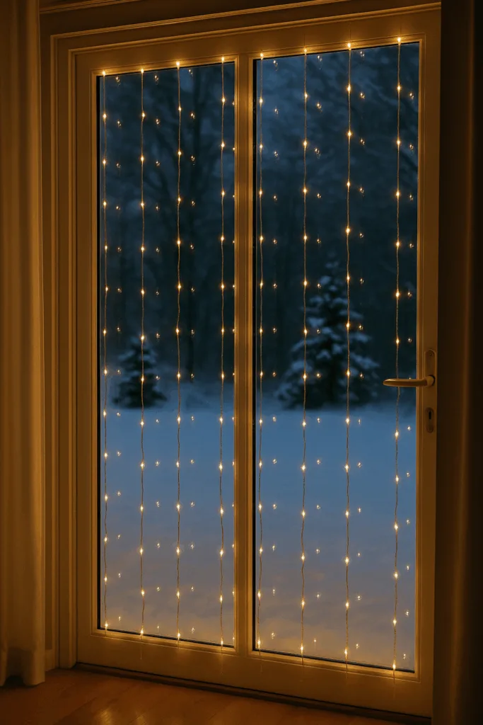 Winterdeko für die Terrassentür - 4 einfache und schöne Ideen Lichtervorhang als Winterdeko an der Terrassentür mit warmem LED-Licht
