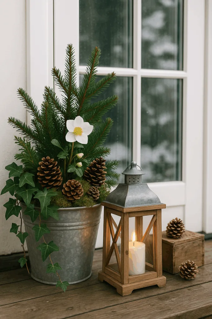 Winterdeko für die Terrassentür - 4 einfache und schöne Ideen Winterdeko Terrassentür mit Tannenzweigen, Kiefernzapfen und Laterne