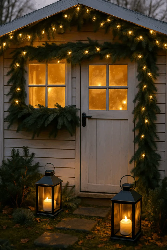 Gartenhaus mit Lichterkette, Tannengrün und Laternen als Winterdeko