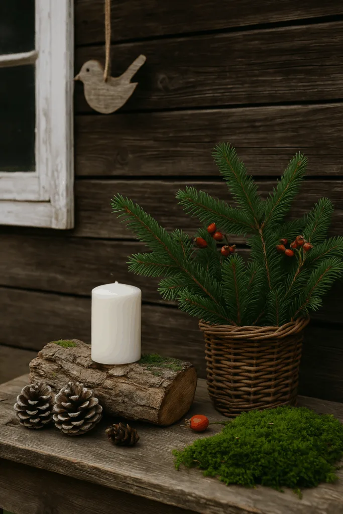 Rustikale Winterdeko mit Tannenzweigen, Moos, Zapfen und Kerze am Gartenhaus