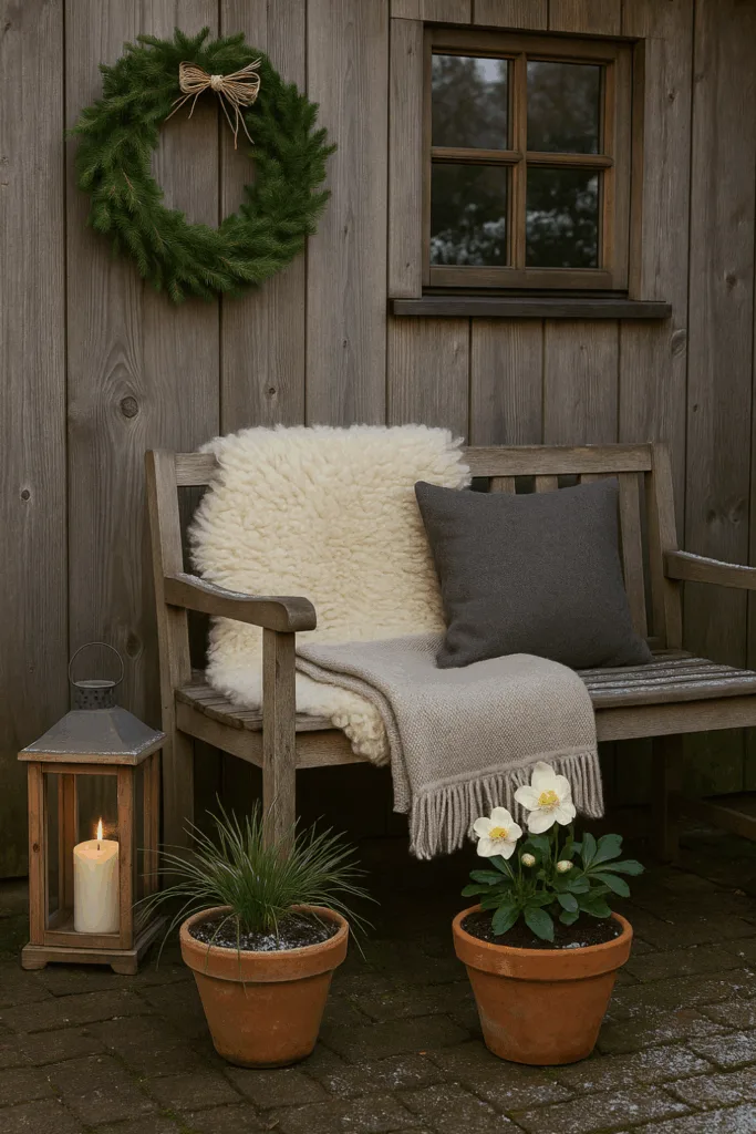 Winterdeko Gartenhaus mit Bank, Laterne, Decke und Christrosen