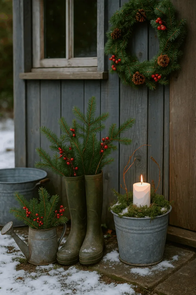 Winterdeko Gartenhaus mit Gummistiefeln, Kerze, Tannengrün und Zinkkübel im Schnee
