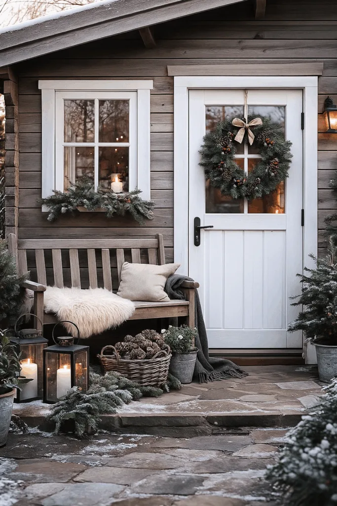 Gartenhaus im Winter mit Kranz, Bank, Laternen und Naturdeko