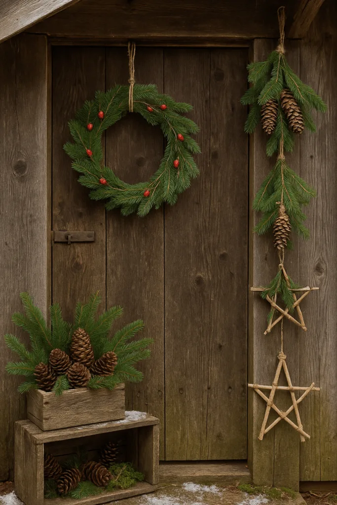 Winterdeko am Geräteschuppen mit Tannenzweigen, Zapfen und Holzsternen