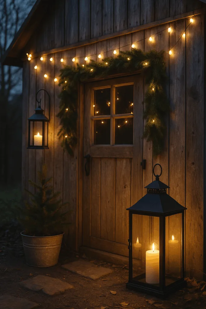 Winterdeko mit Laternen und Lichterkette am Geräteschuppen im Garten
