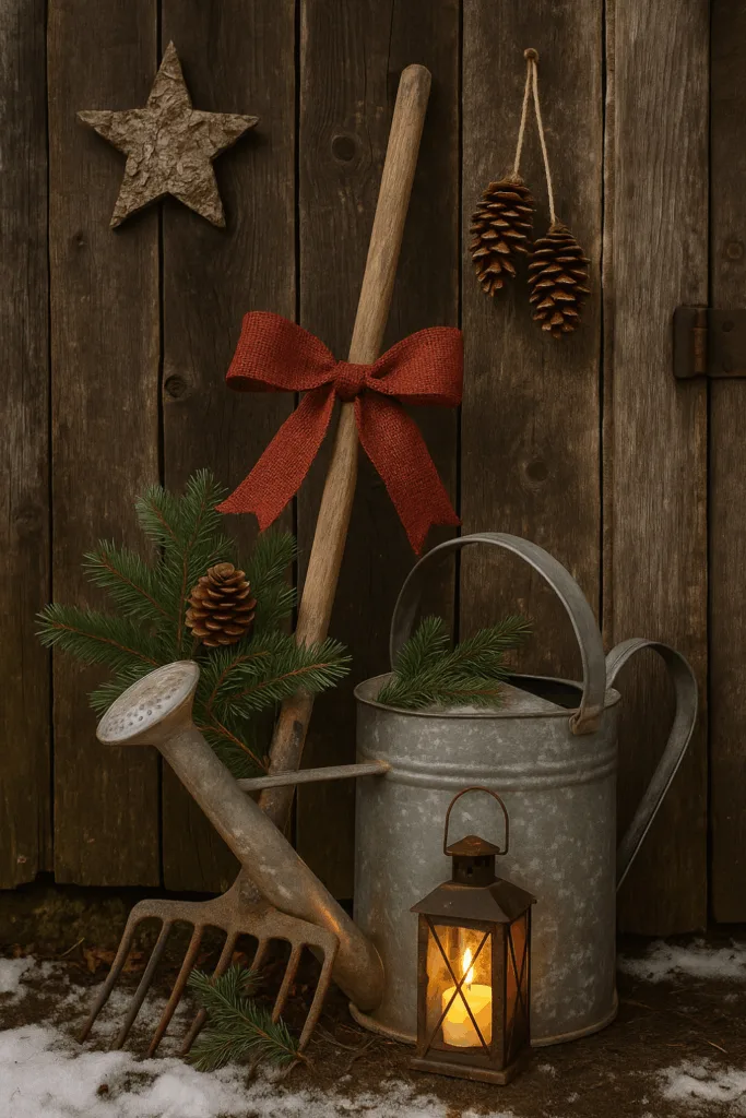 Winterdeko am Geräteschuppen mit Gießkanne, Tannenzweigen, Laterne und Holzsternen