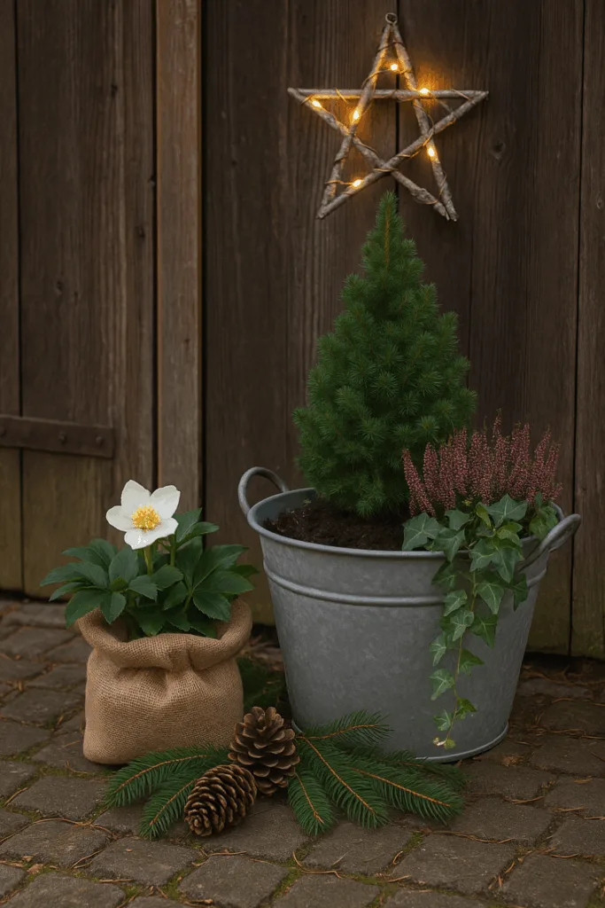 Winterdeko am Geräteschuppen mit Tannenzweigen, Christrose und Zinkwanne
