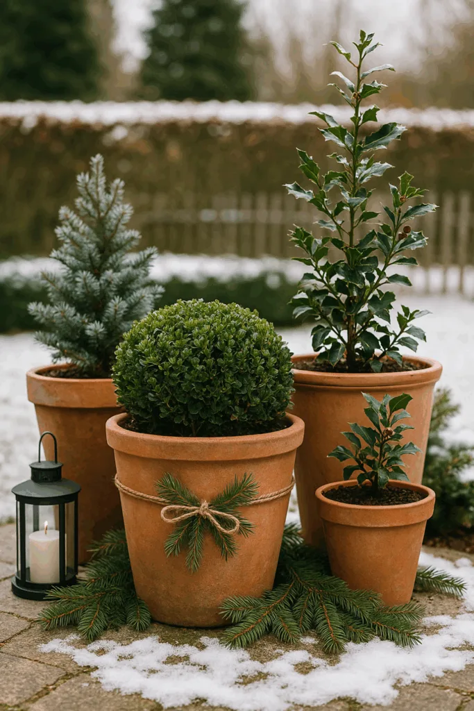 Winterdeko für Reihenhausgärten mit immergrünen Pflanzen in Terrakotta-Töpfen