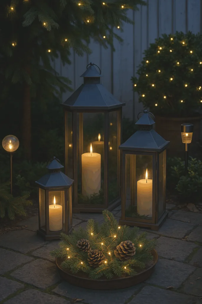 Winterdeko mit Laternen und Lichterketten im Reihenhausgarten bei Dämmerung