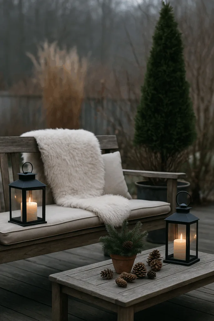 Winterdeko Terrasse mit Laternen, Holzbank, Fell und Tannenzweigen