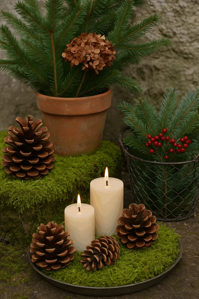 Natürliche Winterdeko im Reihenhausgarten mit Moos, Zapfen und Kerzen