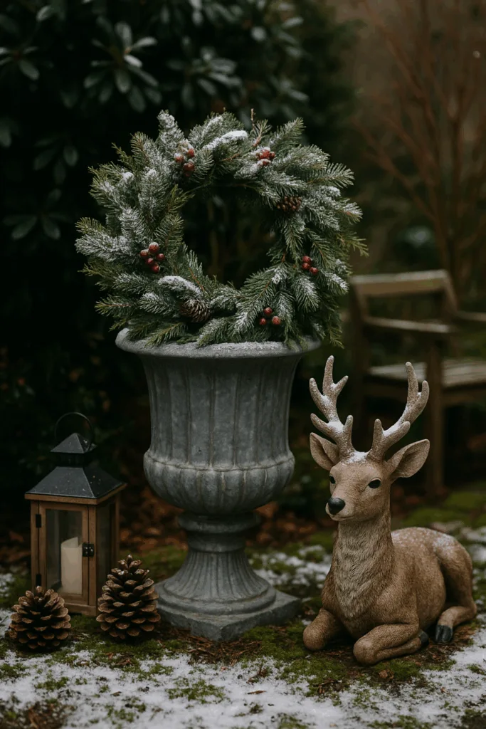 Winterdeko im Reihenhausgarten mit Hirschfigur, Kranz und Laterne im Schnee