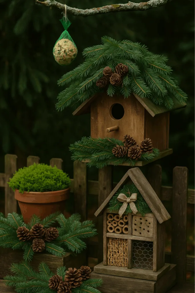 Winterdeko für Reihenhausgärten mit Vogelhaus, Futterstelle und Tannenzweigen