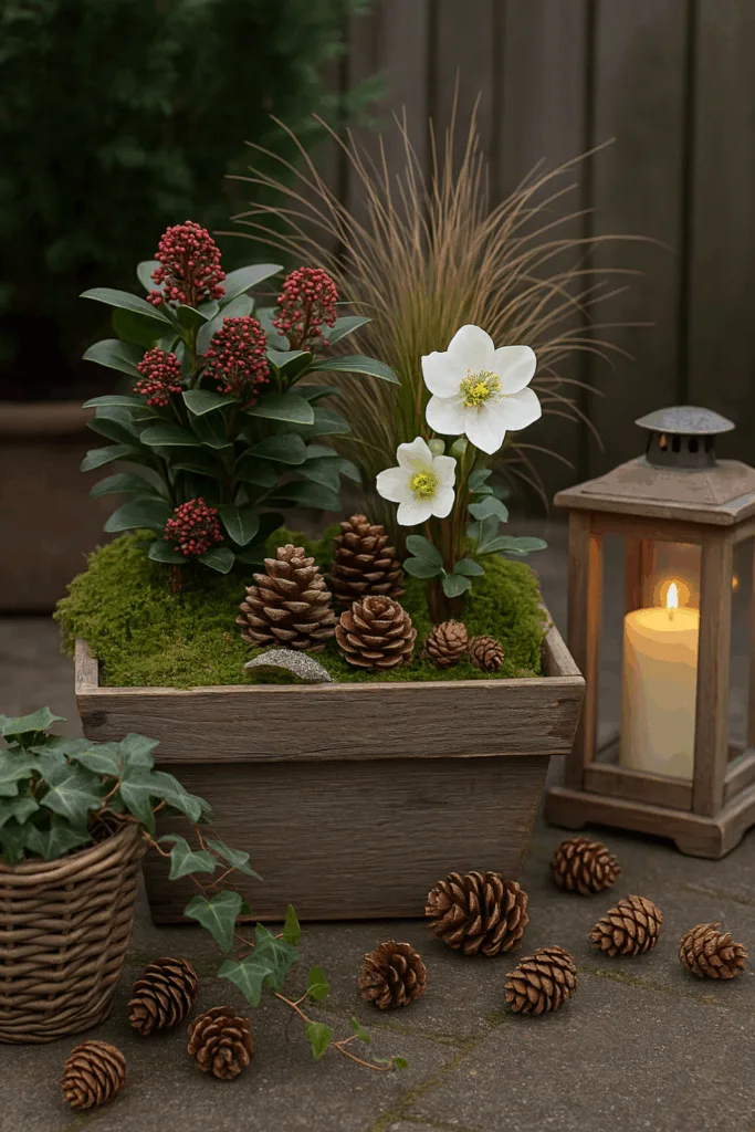 Winterdeko für schmale Gärten mit Holzpflanzkübel, Skimmie, Christrose und Laterne
