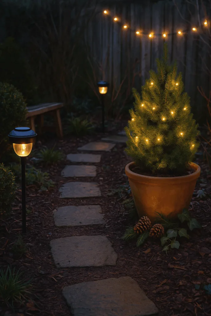 Winterdeko im schmalen Garten mit beleuchtetem Weg und Tannenbaum im Kübel