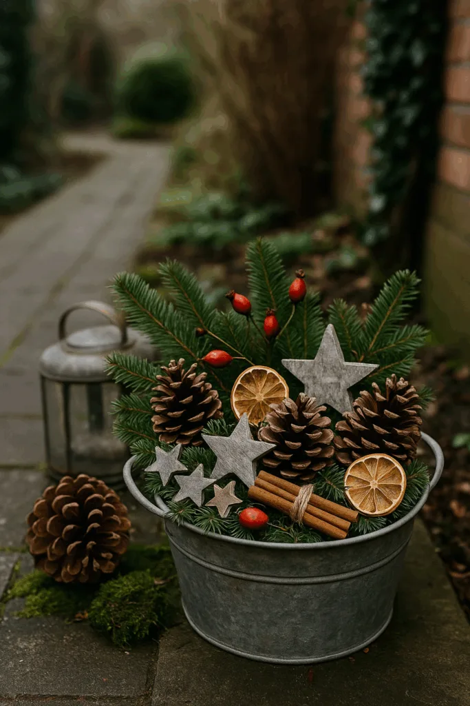 Winterdeko im schmalen Garten mit Tannenzweigen, Zapfen und Zimtstangen