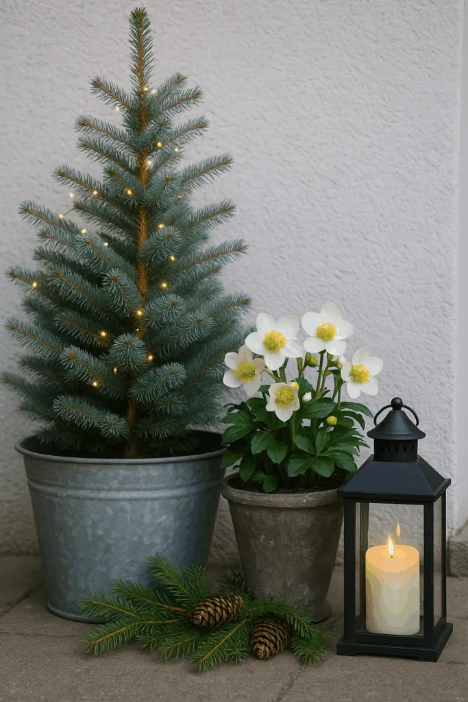 Winterdeko für die Hauswand - 4 schöne Ideen mit Licht & Natur Winterdeko Hauswand mit Christrose, Zwergkonifere und Laterne im Schnee