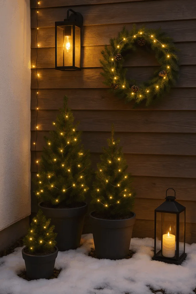 Winterdeko für die Hauswand - 4 schöne Ideen mit Licht & Natur Winterdeko Hauswand mit Lichterketten, Laterne und Tannen im Schnee, warm beleuchtet