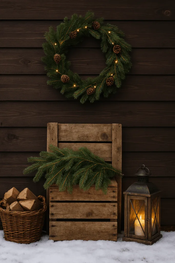 Winterdeko für die Hauswand - 4 schöne Ideen mit Licht & Natur Winterdeko an Hauswand mit Kranz aus Tannenzweigen, Zapfen und Laterne im Schnee