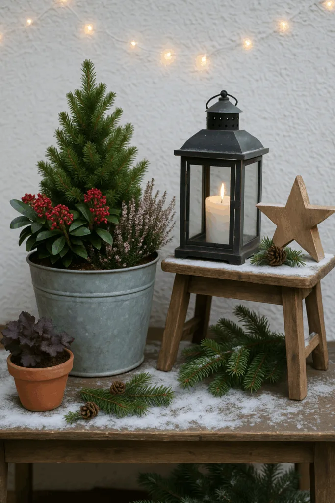 Winterdeko Terrasse mit Laterne, Tannengrün und Topfpflanzen im Schnee
