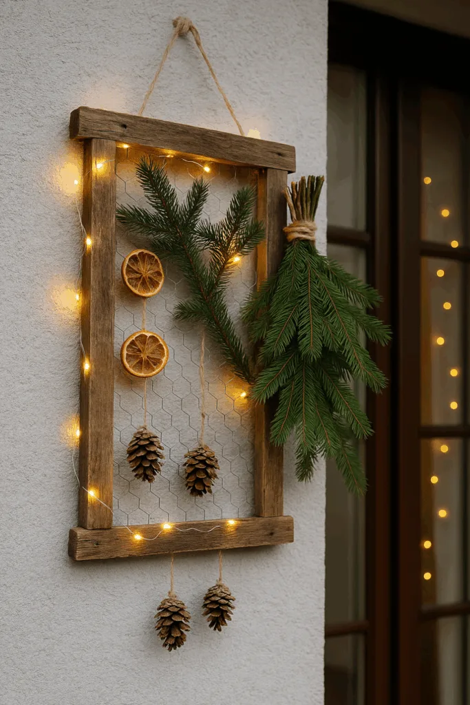 Winterdeko für die Hauswand - 4 schöne Ideen mit Licht & Natur Winterdeko für die Hauswand mit Holzrahmen, Tannenzweigen, Zapfen und Lichterkette