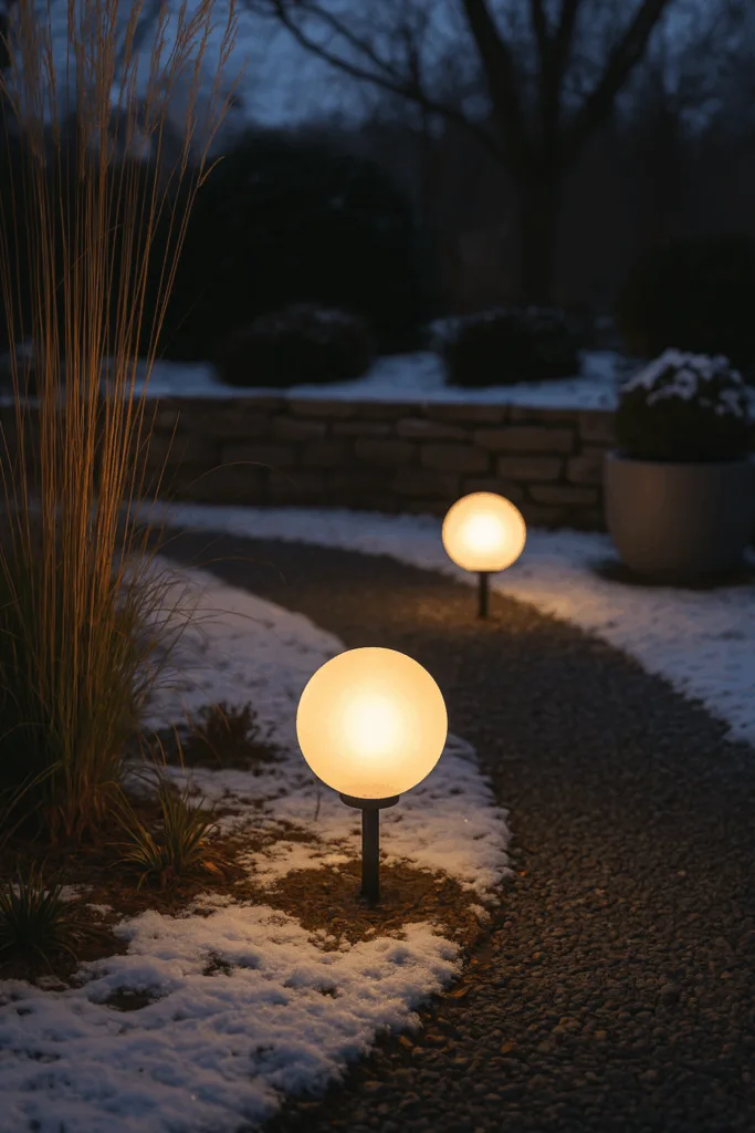 Winterdeko für moderne Gärten - 5 stilvolle Ideen mit Atmosphäre Moderne Winterdeko mit warmen Gartenleuchten entlang eines verschneiten Gartenwegs