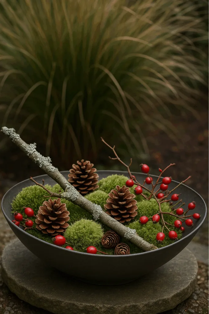 Winterdeko für moderne Gärten - 5 stilvolle Ideen mit Atmosphäre Moderne Winterdeko im Garten mit Moos, Zweigen und Tannenzapfen in Schale