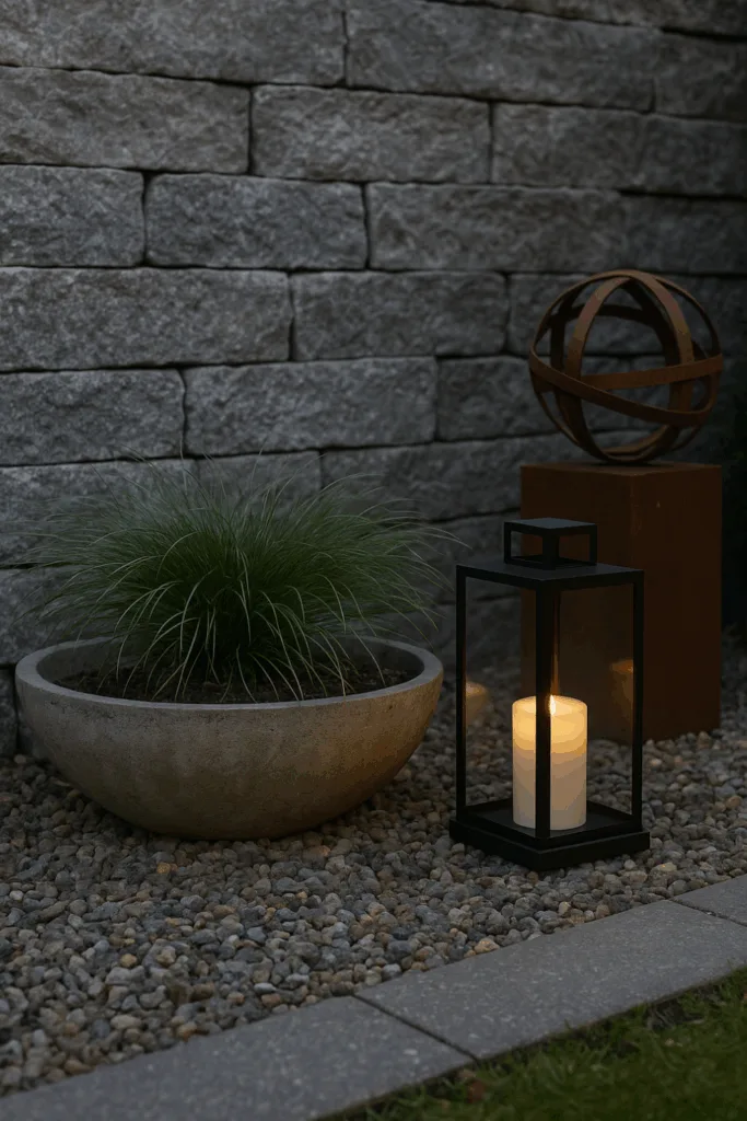 Winterdeko für moderne Gärten - 5 stilvolle Ideen mit Atmosphäre Moderne Winterdeko im Garten mit Laternen, Betonschale und grünen Gräsern