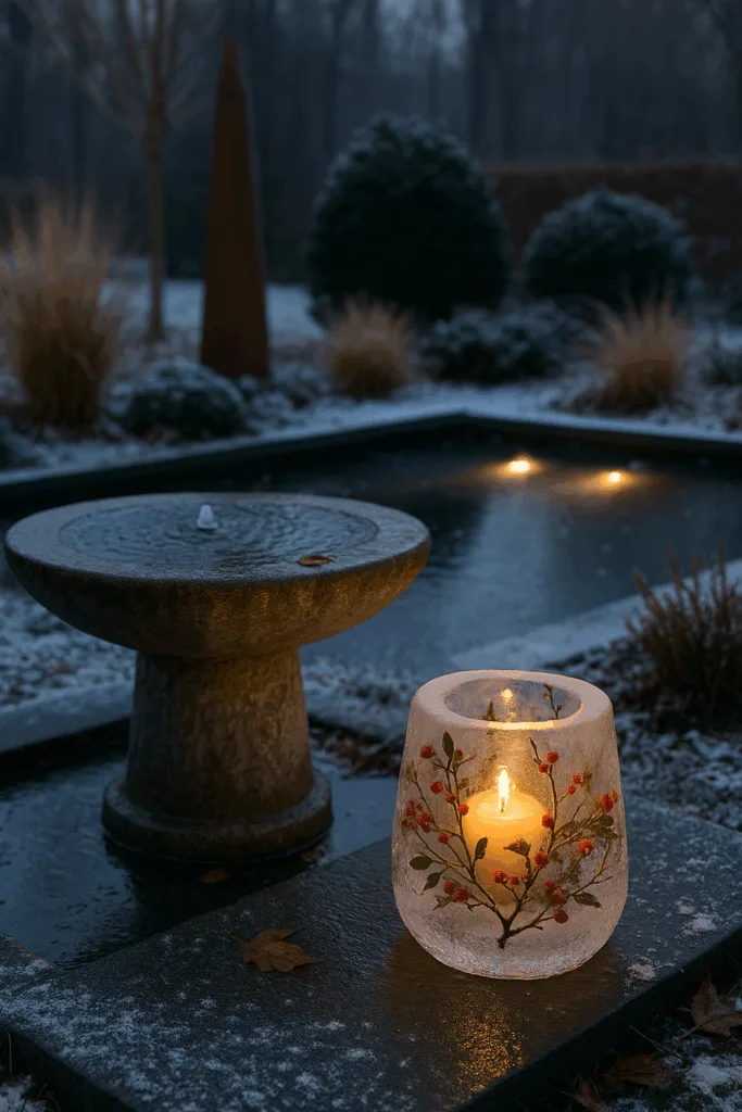 Winterdeko für moderne Gärten - 5 stilvolle Ideen mit Atmosphäre Moderne Winterdeko im Garten mit Eisschale, Frost und Beleuchtung