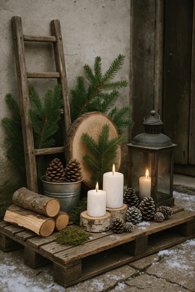 Winterdeko für die Garage - 4 einfache Ideen mit Licht und Natur Winterdeko für Garage mit Holzscheiten, Tannenzweigen, Moos, Zapfen und Kerzen