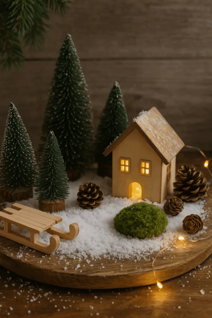 Winterdeko für die Garage - 4 einfache Ideen mit Licht und Natur Mini-Winterlandschaft mit Holzhäuschen, Tannen und Lichtern als Winterdeko für die Garage