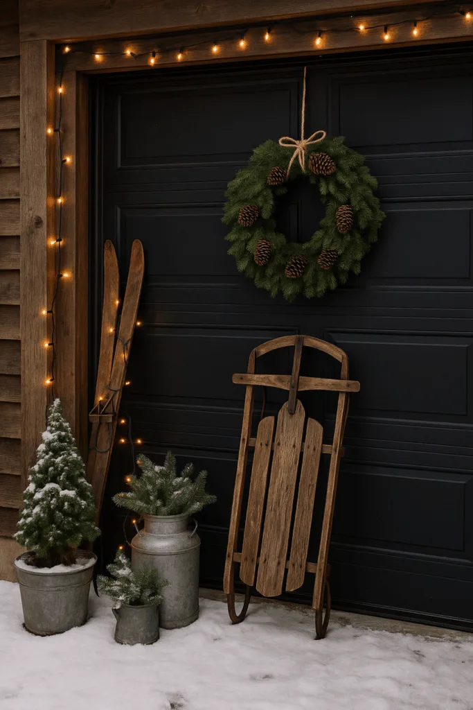 Winterdeko für die Garage - 4 einfache Ideen mit Licht und Natur Winterdeko für die Garage mit Tannengrün, Lichterkette, Holzschlitten und Kranz