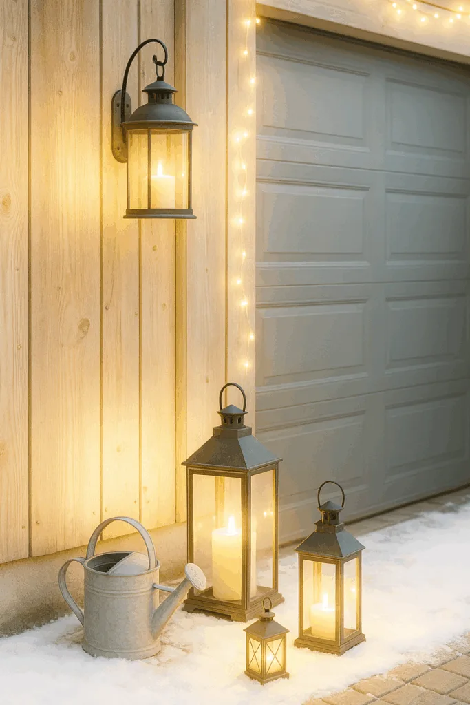 Winterdeko für die Garage - 4 einfache Ideen mit Licht und Natur Winterdeko Garage mit Laternen und Lichterkette im Schnee für stimmungsvolles Ambiente