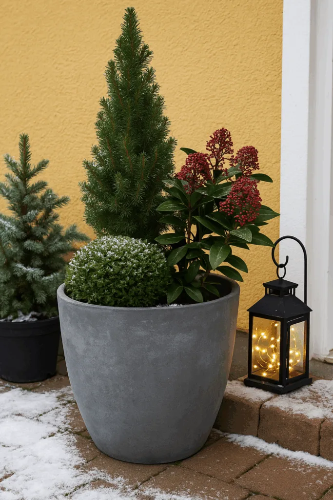 Winterdeko für den Außenbereich - 6 Ideen, die deinem Garten Leben einhauchen Winterdeko für den Außenbereich mit immergrünen Pflanzen und Laterne im Schnee