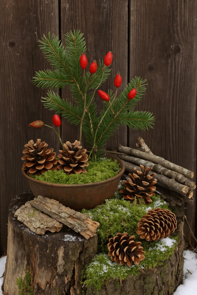 Winterdeko für den Außenbereich - 6 Ideen, die deinem Garten Leben einhauchen Winterdeko Außenbereich mit Tannenzweigen, Zapfen, Moos und Hagebutten in rustikaler Gartenszene