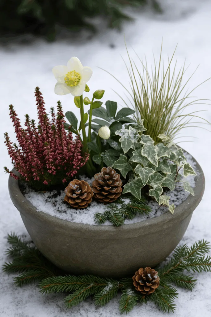 Winterdeko für den Außenbereich - 6 Ideen, die deinem Garten Leben einhauchen Winterdeko für den Außenbereich mit Christrose, Heide, Efeu, Zapfen und Schnee