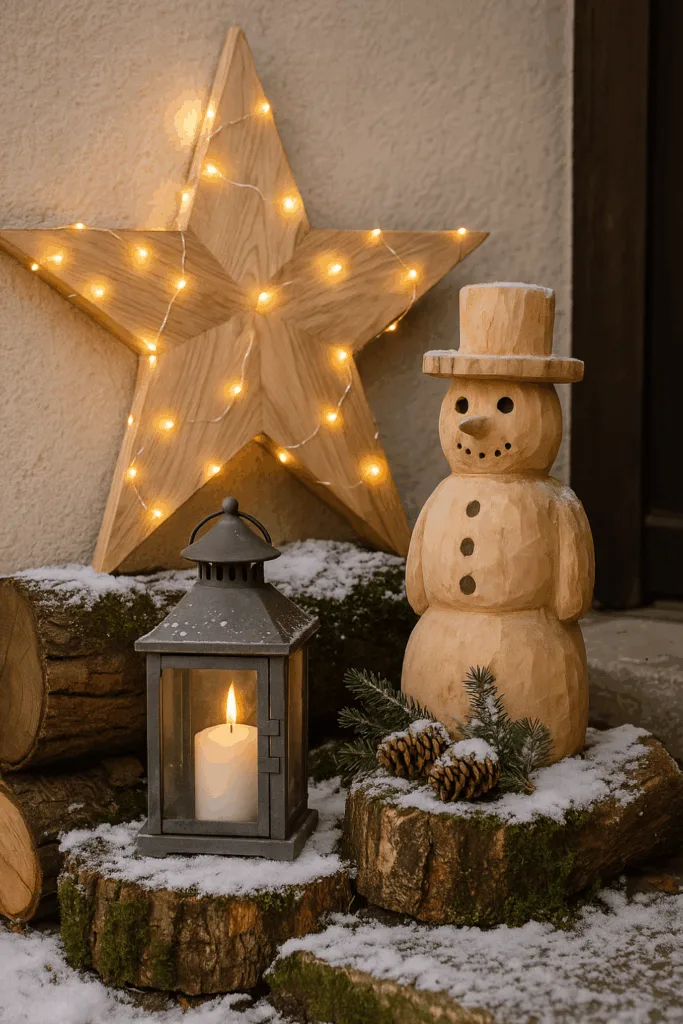 Winterdeko für den Außenbereich - 6 Ideen, die deinem Garten Leben einhauchen Winterdeko Außenbereich mit Holzstern, Schneemannfigur und Laterne im Schnee