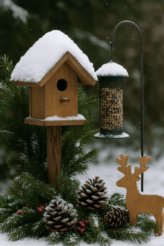 Winterdeko für den Außenbereich - 6 Ideen, die deinem Garten Leben einhauchen Winterdeko für den Außenbereich mit Vogelhaus, Zapfen, Tannengrün und Schnee