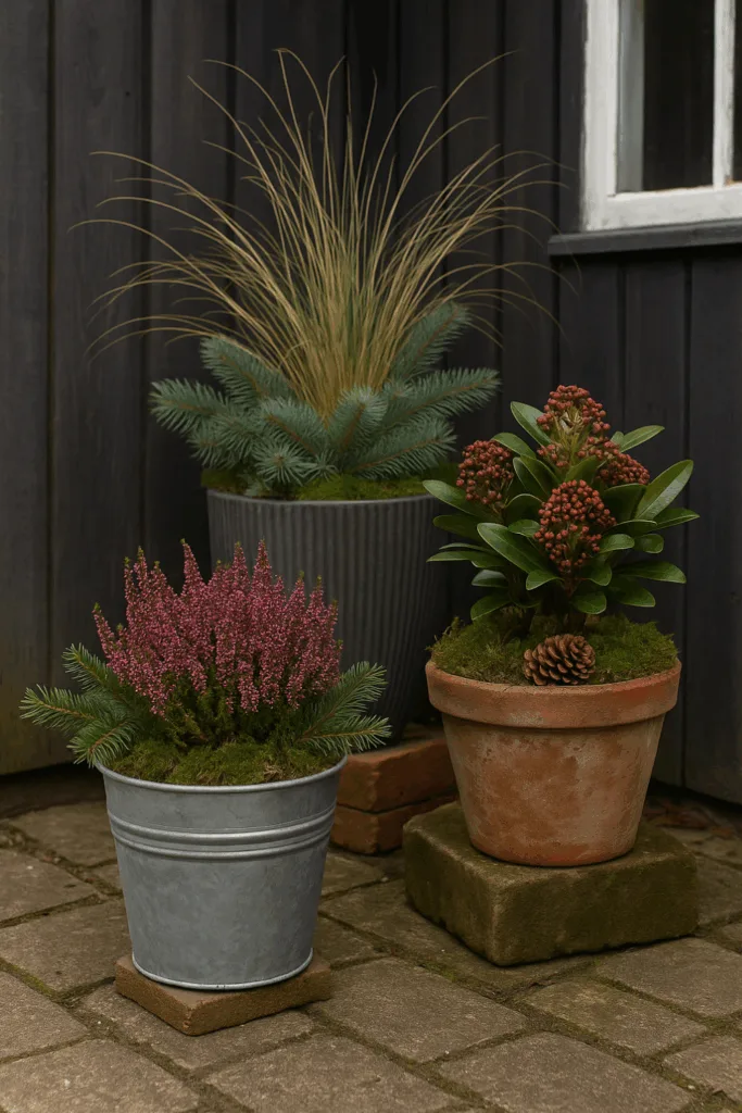 Winterdeko für den Schrebergarten - 5 schöne Ideen für die kalte Zeit Winterdeko im Schrebergarten mit bepflanzten Kübeln aus Heidekraut, Skimmie und Ziergras