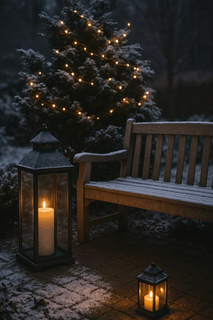 Winterdeko für den Schrebergarten - 5 schöne Ideen für die kalte Zeit Winterdeko im Schrebergarten mit Laternen, Lichterketten und Schnee bei Dämmerung