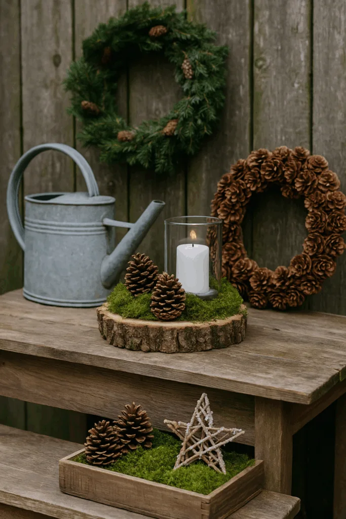 Winterdeko für den Schrebergarten - 5 schöne Ideen für die kalte Zeit Winterdeko im Schrebergarten mit Holz, Tannenzapfen, Moos und Kerze auf Holztisch